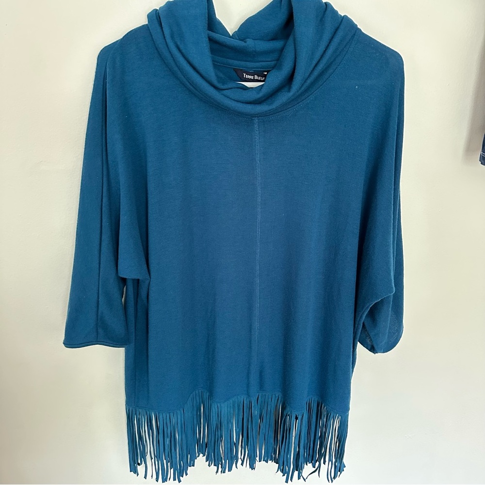Blue Cowl Neck Sweater with Fringe